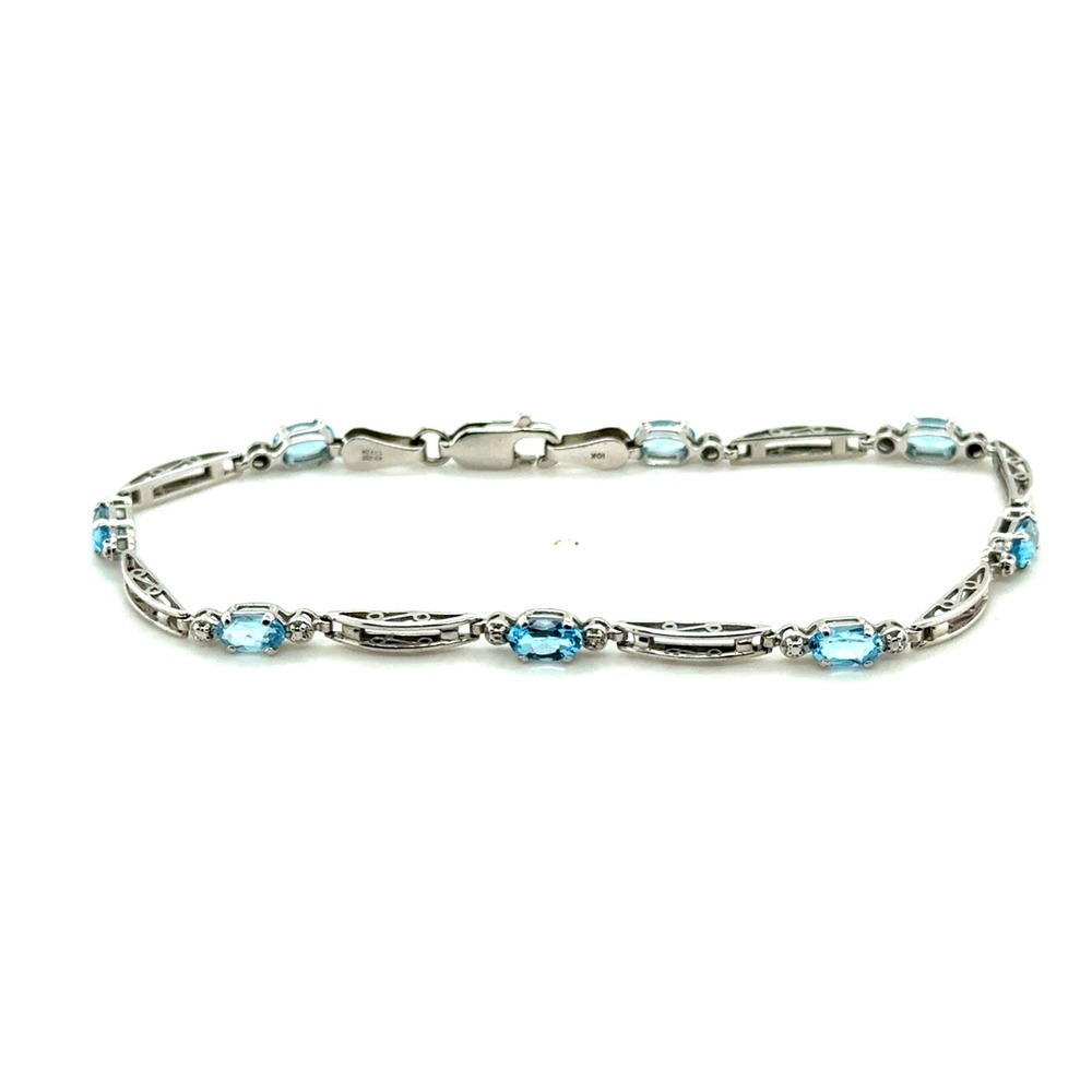 10k White Gold Blue‎ Topaz Filigree Tennis Bracelet 7 Inch 3.3g Mexico